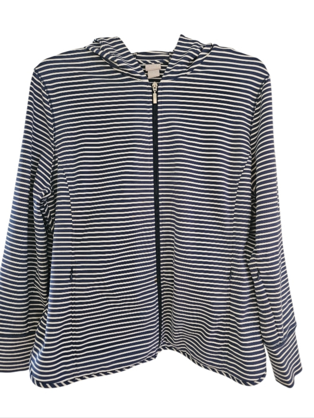 Chico's  Zenergy Full Zip Jacket Size 20/22 Nautical Blue Stripes Hood Stretch